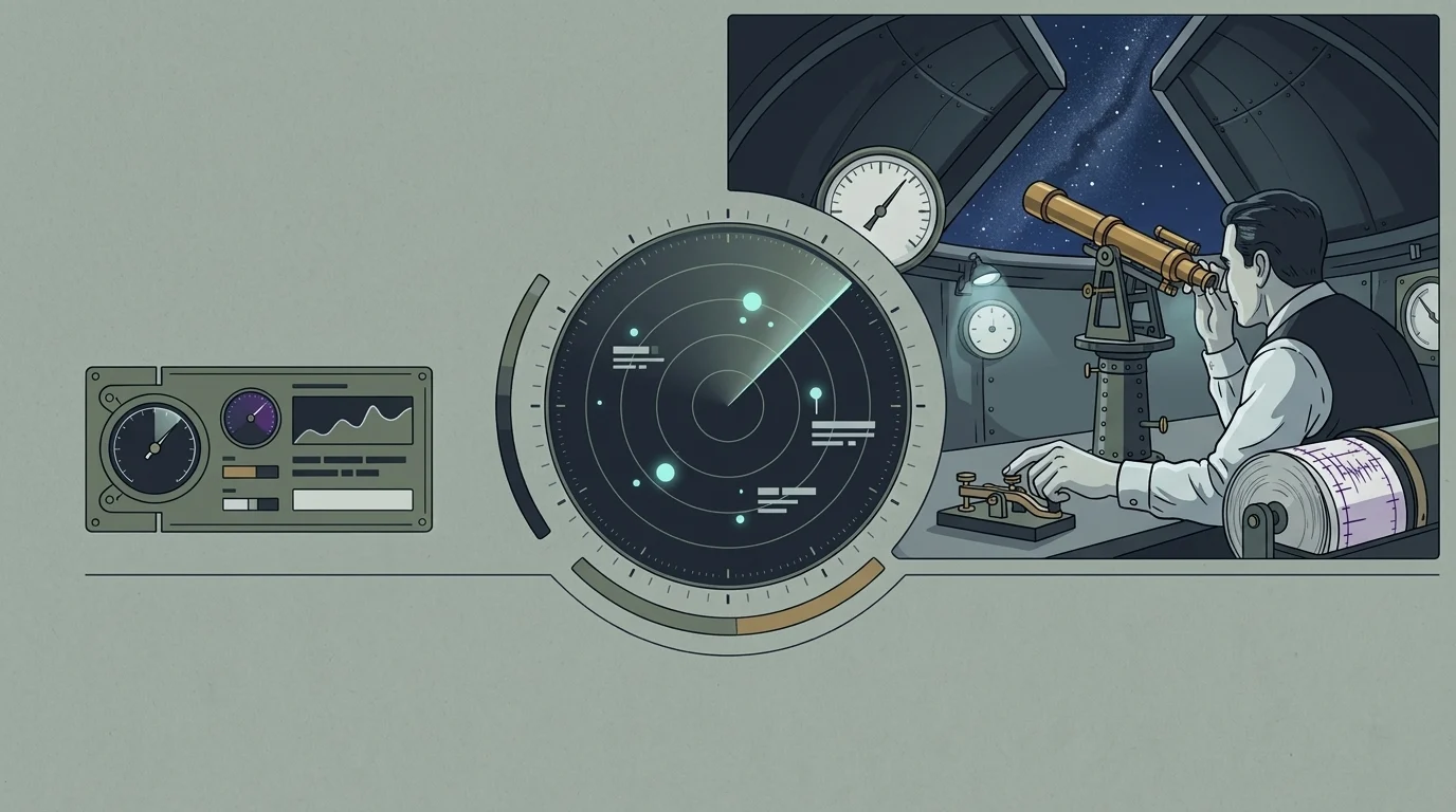 Observer at the transit instrument under an open roof slit, hand on the telegraph key