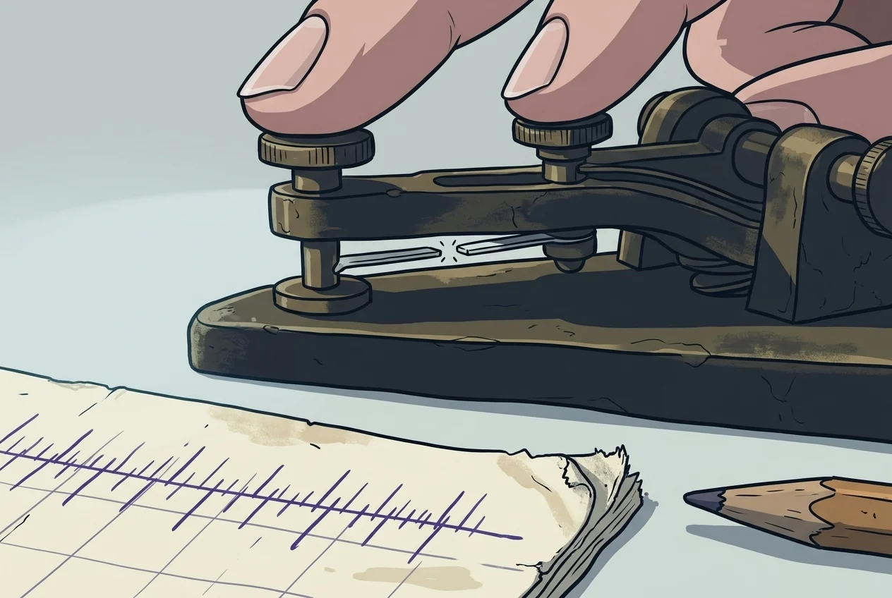 Two fingertips mid-press on a brass telegraph key